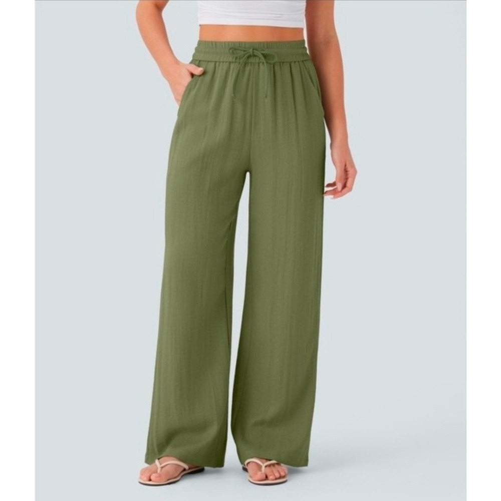 Halara High Waisted Drawstring Pocket Wide Leg Casual Linen Like
Small Green